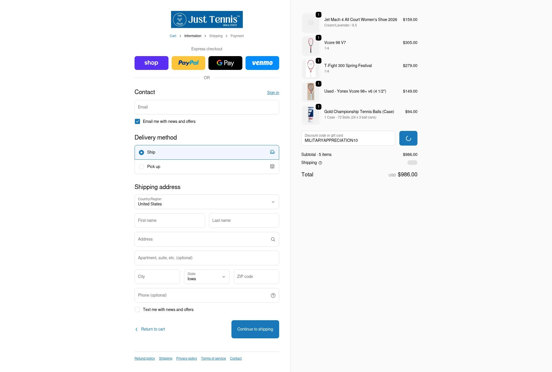 Just Tennis checkout page showing Just Tennis discount code box | Screenshot taken by SimplyCodes community member on Jan 27, 2026