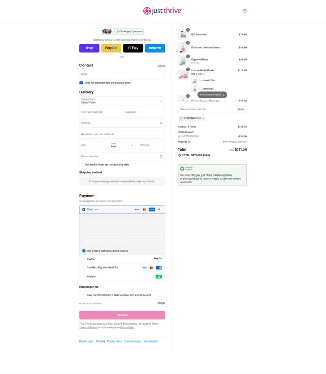 Just Thrive checkout page showing Just Thrive discount code box | Screenshot taken by SimplyCodes community member on Sep 10, 2025