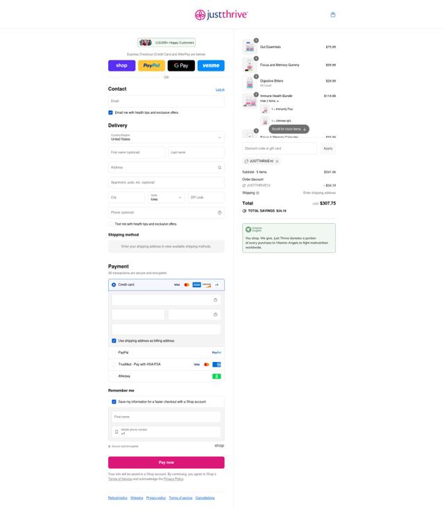 Just Thrive checkout page showing Just Thrive discount code box | Screenshot taken by SimplyCodes community member on Sep 2, 2025