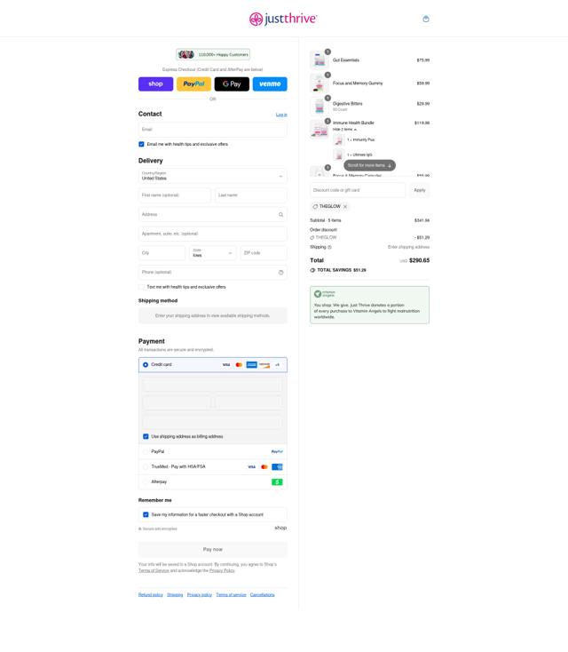Just Thrive checkout page showing Just Thrive discount code box | Screenshot taken by SimplyCodes community member on Sep 2, 2025
