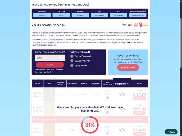 Just Travel Cover checkout page showing Just Travel Cover discount code box | Screenshot taken by SimplyCodes community member on Aug 7, 2025