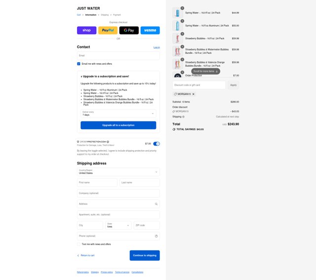 JUST Water checkout page showing JUST Water promo code box | Screenshot taken by SimplyCodes community member on Sep 2, 2025