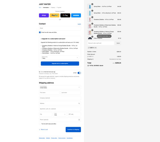 JUST Water checkout page showing JUST Water promo code box | Screenshot taken by SimplyCodes community member on Sep 2, 2025
