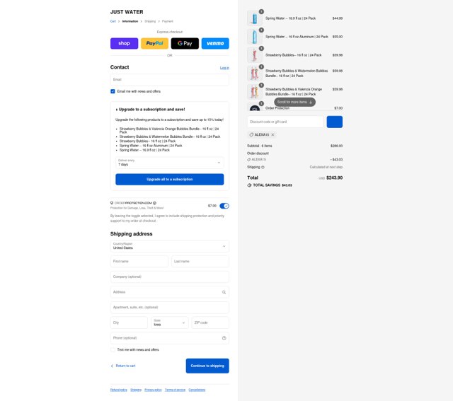 JUST Water checkout page showing JUST Water promo code box | Screenshot taken by SimplyCodes community member on Sep 2, 2025