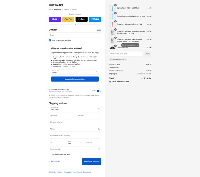 JUST Water checkout page showing JUST Water promo code box | Screenshot taken by SimplyCodes community member on Sep 2, 2025