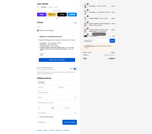 JUST Water checkout page showing JUST Water promo code box | Screenshot taken by SimplyCodes community member on Sep 2, 2025