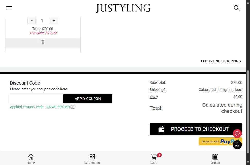 Justyling checkout page showing Justyling promo code box | Screenshot taken by SimplyCodes community member on Oct 8, 2025