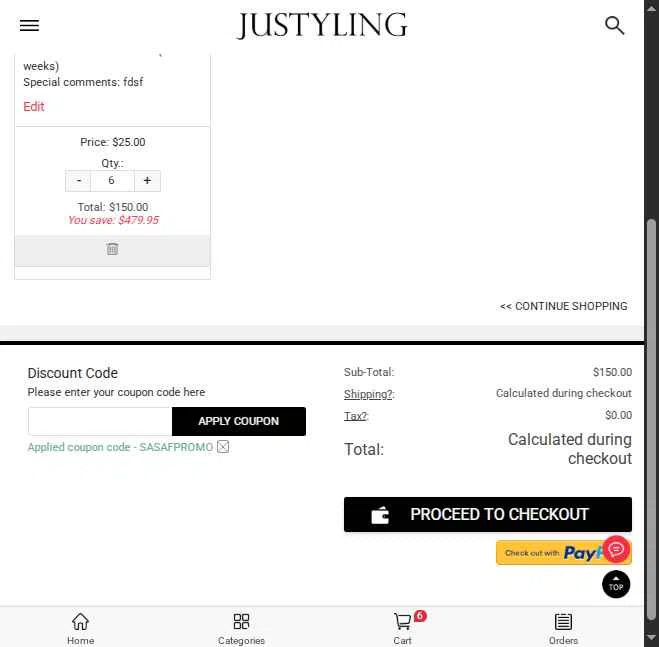 Justyling checkout page showing Justyling promo code box | Screenshot taken by SimplyCodes community member on Oct 8, 2025