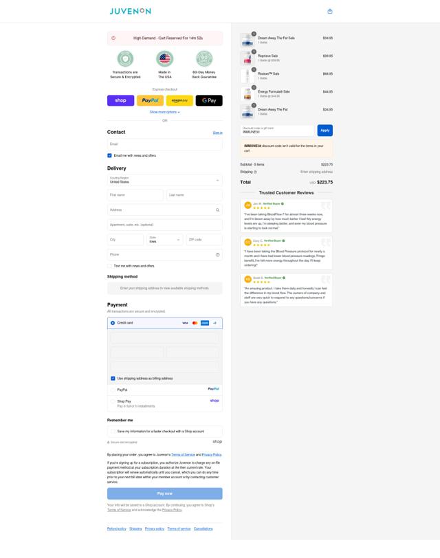 Juvenon checkout page showing Juvenon discount code box | Screenshot taken by SimplyCodes community member on Sep 11, 2025