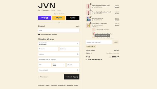 JVN Hair checkout page showing JVN Hair promo code box | Screenshot taken by SimplyCodes community member on Aug 27, 2025