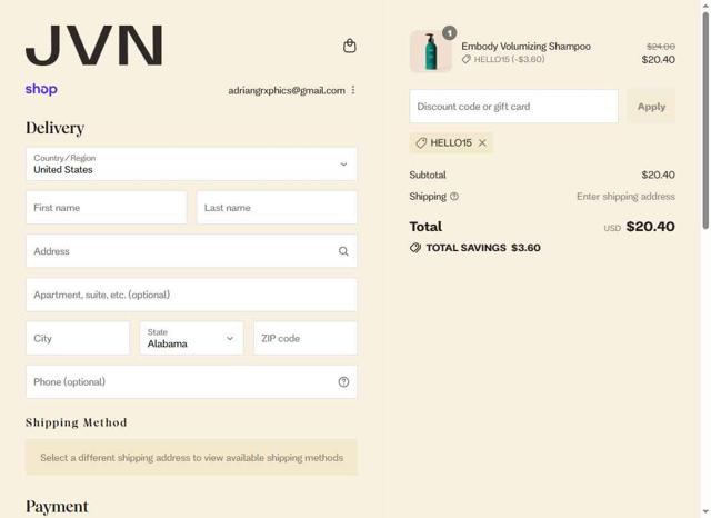 JVN Hair checkout page showing JVN Hair promo code box | Screenshot taken by SimplyCodes community member on Sep 12, 2025