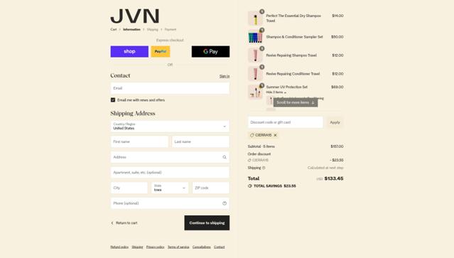 JVN Hair checkout page showing JVN Hair promo code box | Screenshot taken by SimplyCodes community member on Sep 12, 2025