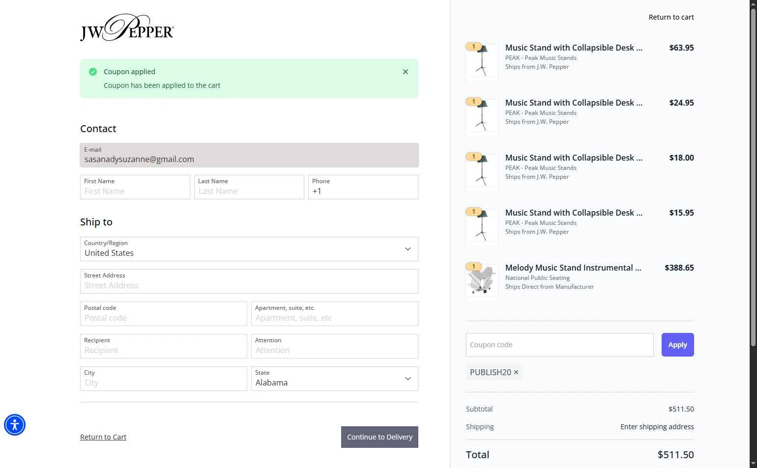 J.W. Pepper Sheet Music checkout page showing J.W. Pepper Sheet Music promo code box | Screenshot taken by SimplyCodes community member on Jan 5, 2026