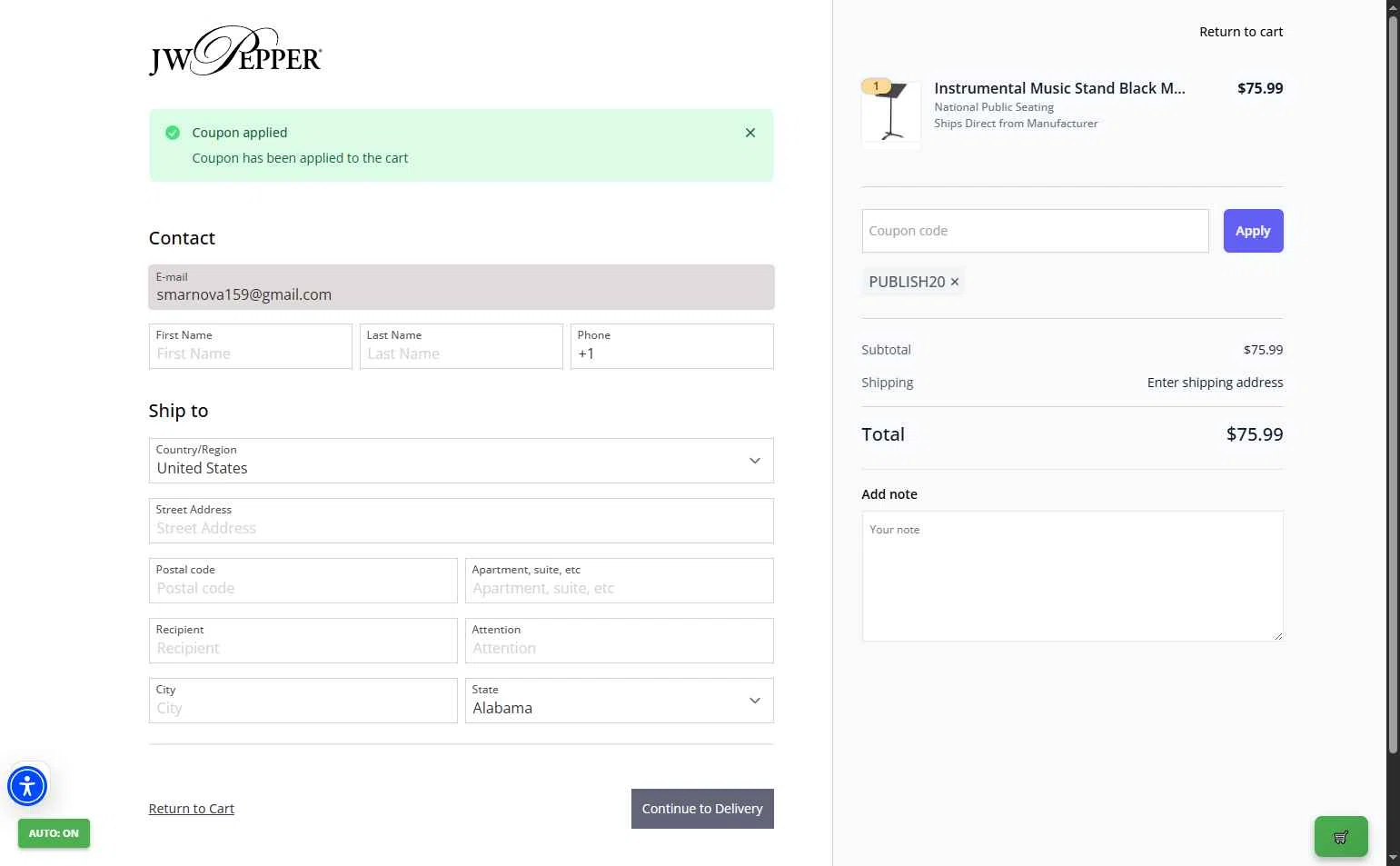 J.W. Pepper Sheet Music checkout page showing J.W. Pepper Sheet Music promo code box | Screenshot taken by SimplyCodes community member on Feb 12, 2026
