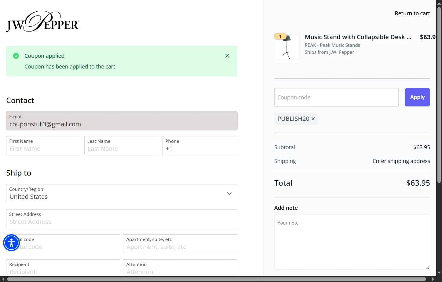 J.W. Pepper Sheet Music checkout page showing J.W. Pepper Sheet Music promo code box | Screenshot taken by SimplyCodes community member on Jan 9, 2026