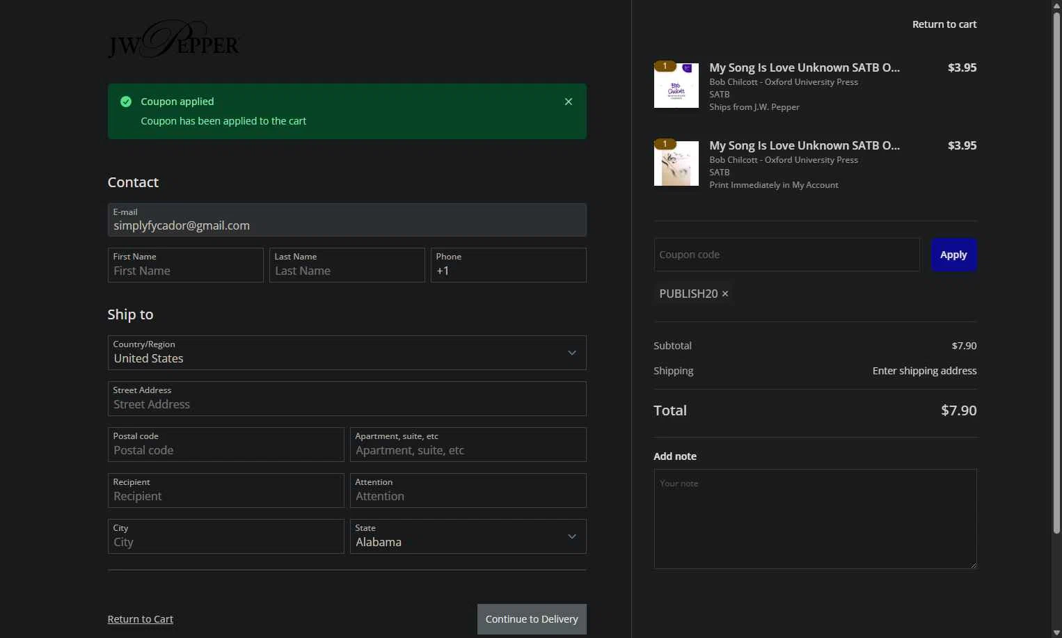 J.W. Pepper Sheet Music checkout page showing J.W. Pepper Sheet Music promo code box | Screenshot taken by SimplyCodes community member on Dec 26, 2025