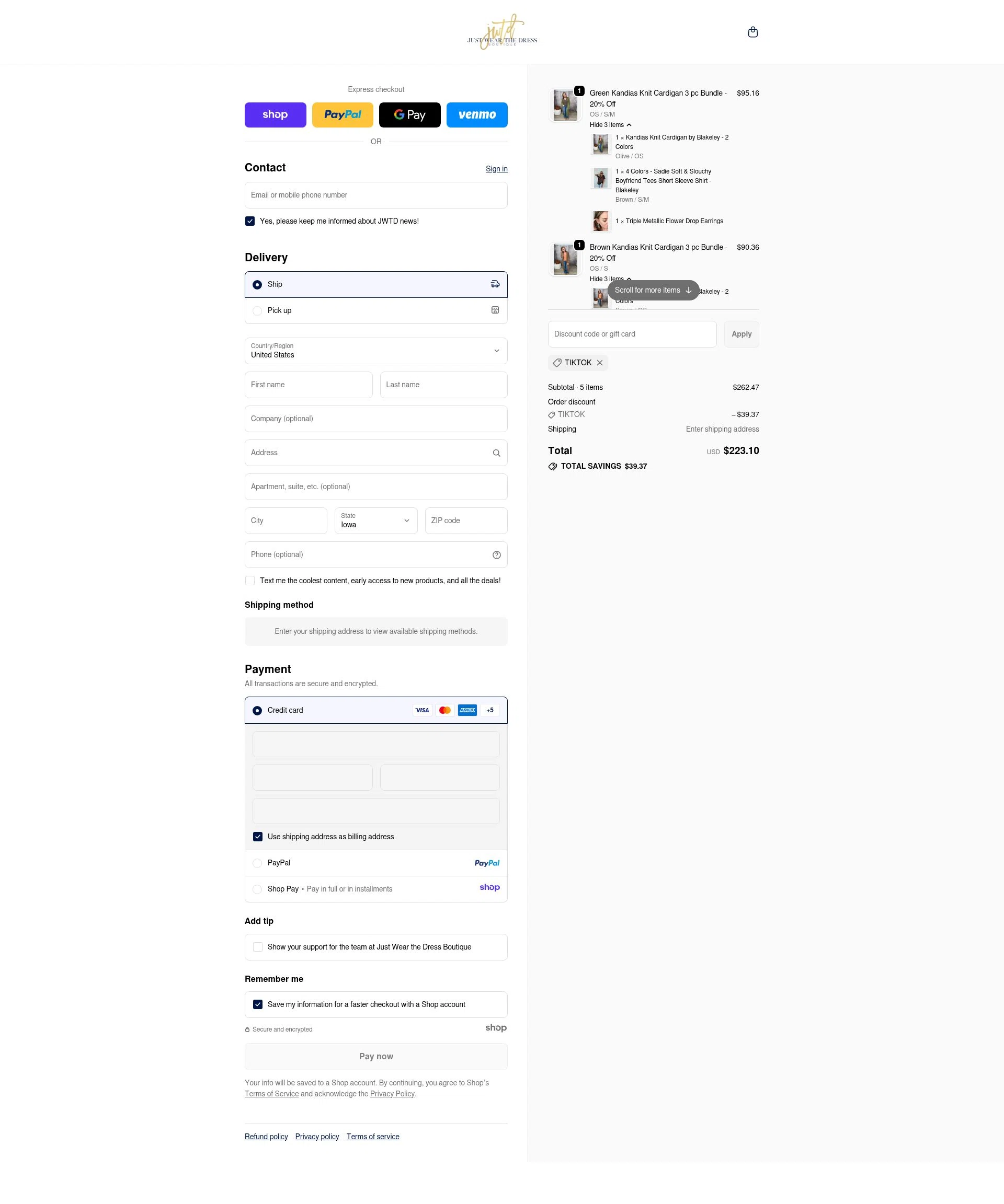 Just Wear the Dress Boutique checkout page showing Just Wear the Dress Boutique promo code box | Screenshot taken by SimplyCodes community member on Nov 13, 2025