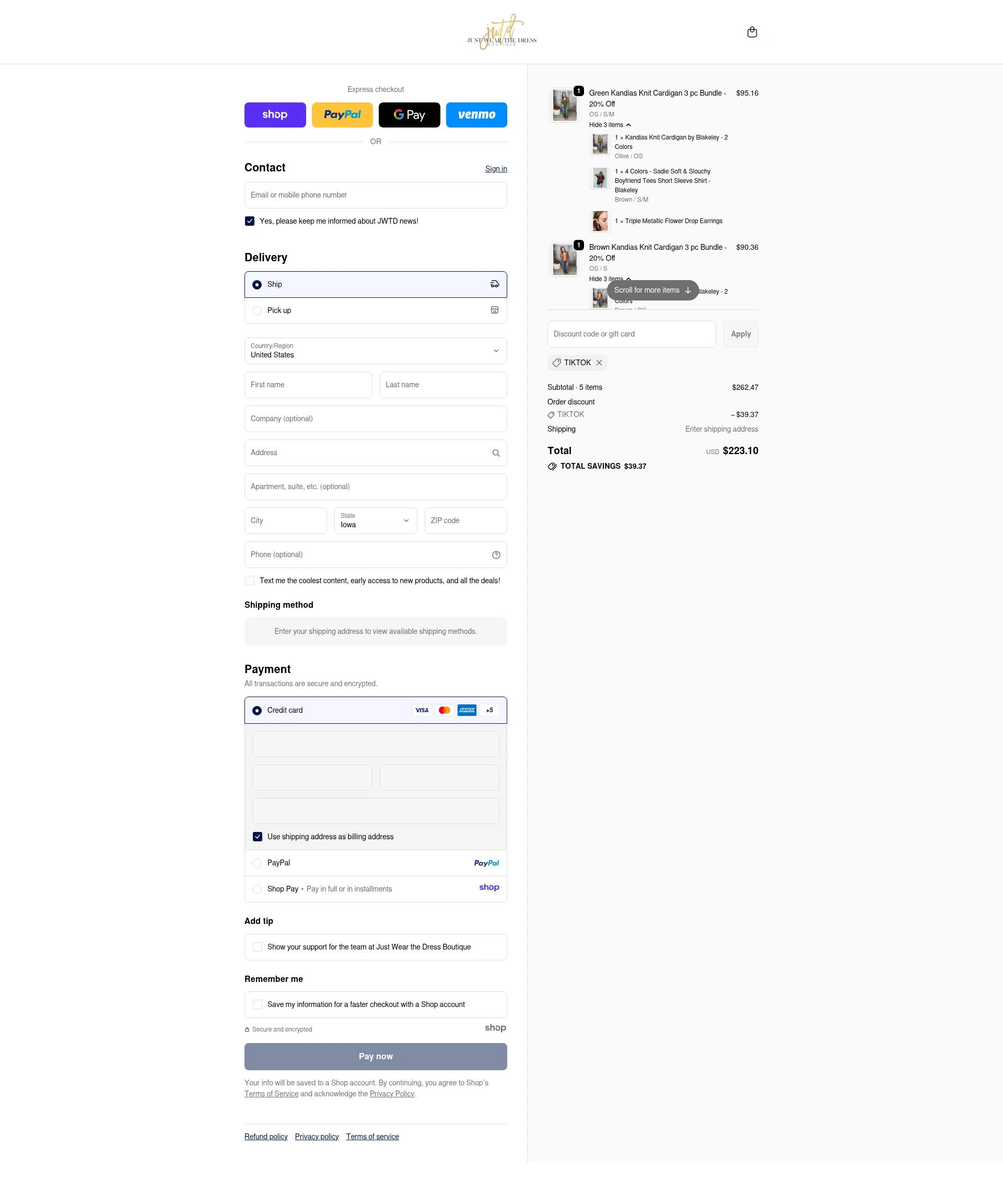 Just Wear the Dress Boutique checkout page showing Just Wear the Dress Boutique promo code box | Screenshot taken by SimplyCodes community member on Nov 18, 2025