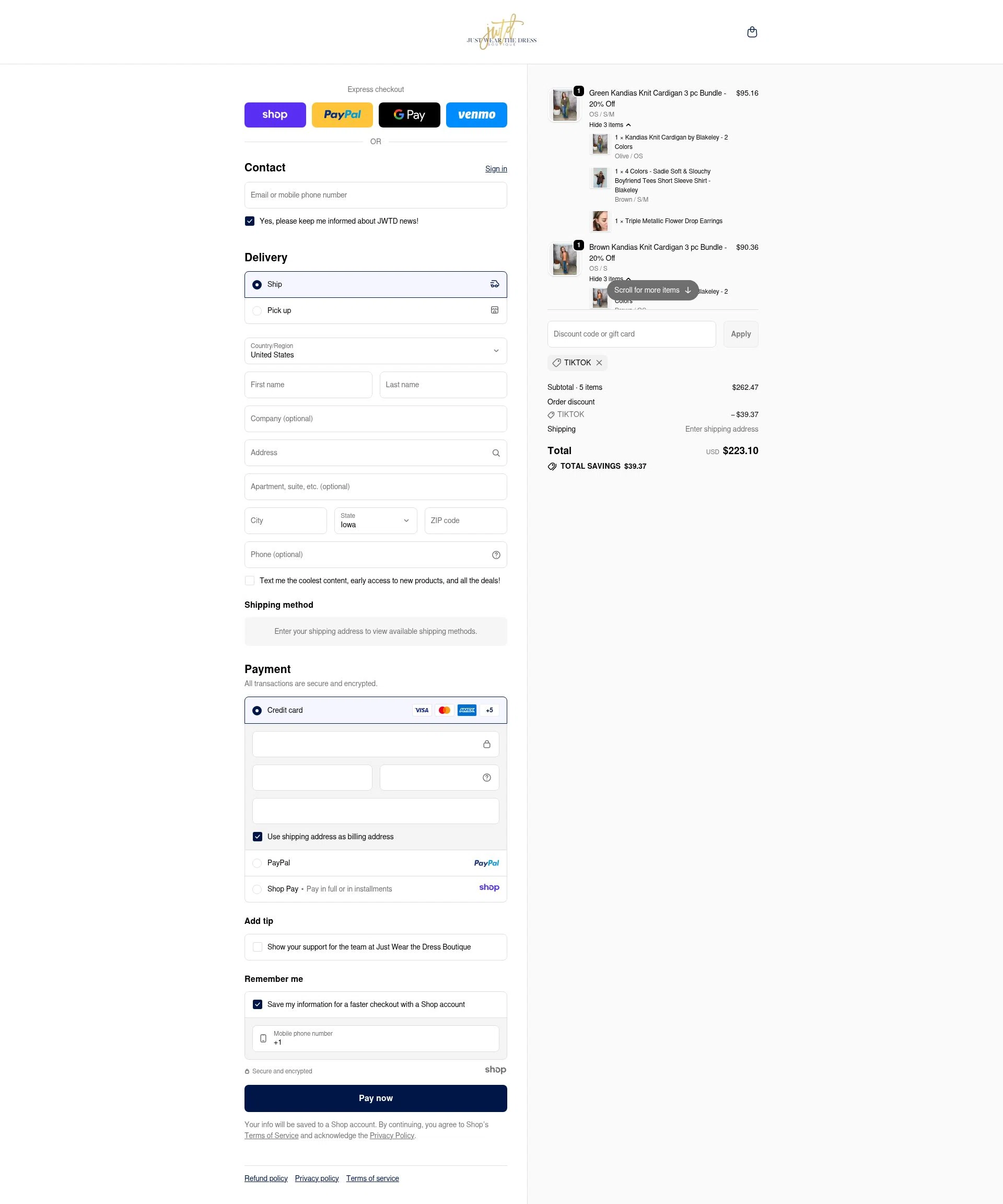 Just Wear the Dress Boutique checkout page showing Just Wear the Dress Boutique promo code box | Screenshot taken by SimplyCodes community member on Nov 7, 2025
