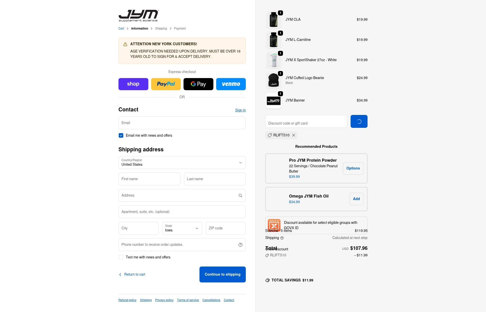 JYM Supplement Science checkout page showing JYM Supplement Science discount code box | Screenshot taken by SimplyCodes community member on Jan 8, 2026