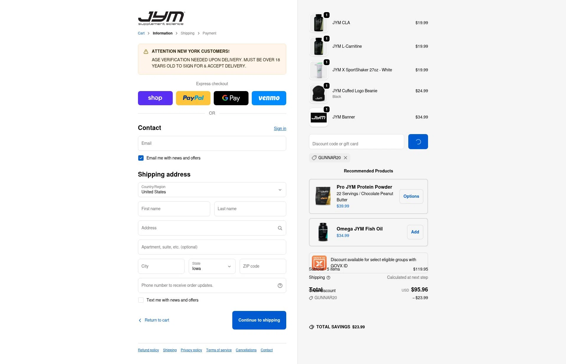 JYM Supplement Science checkout page showing JYM Supplement Science discount code box | Screenshot taken by SimplyCodes community member on Jan 8, 2026