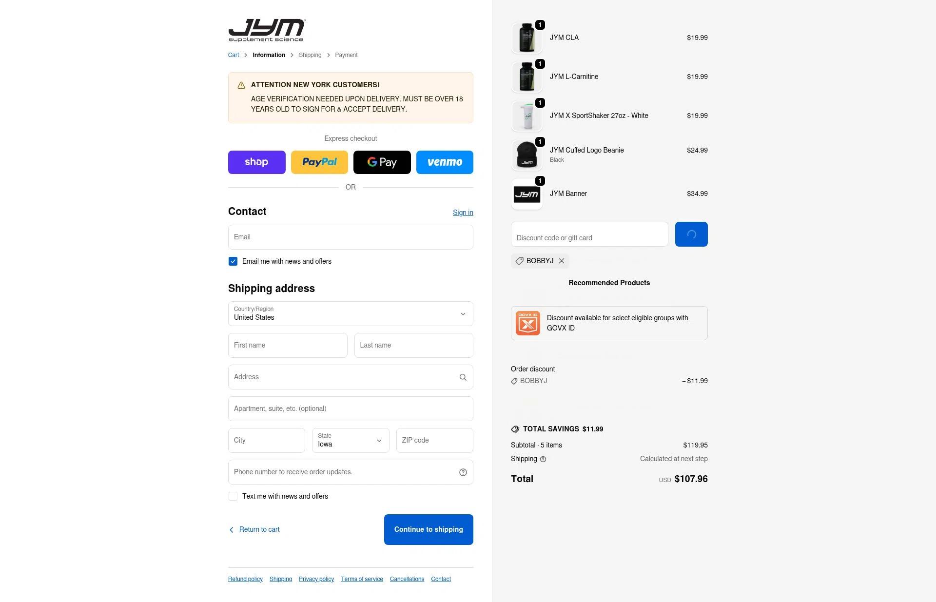 JYM Supplement Science checkout page showing JYM Supplement Science discount code box | Screenshot taken by SimplyCodes community member on Jan 8, 2026