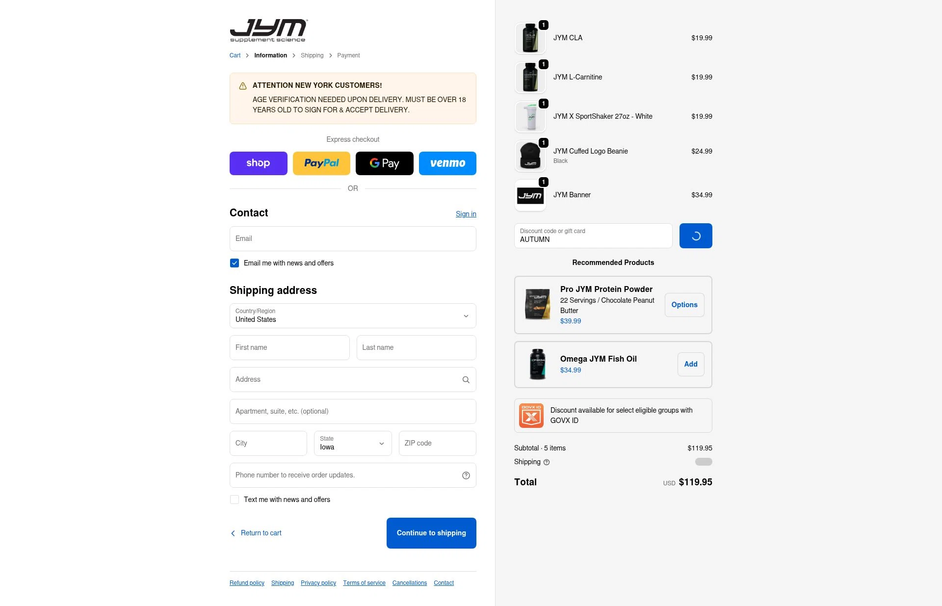 JYM Supplement Science checkout page showing JYM Supplement Science discount code box | Screenshot taken by SimplyCodes community member on Jan 8, 2026