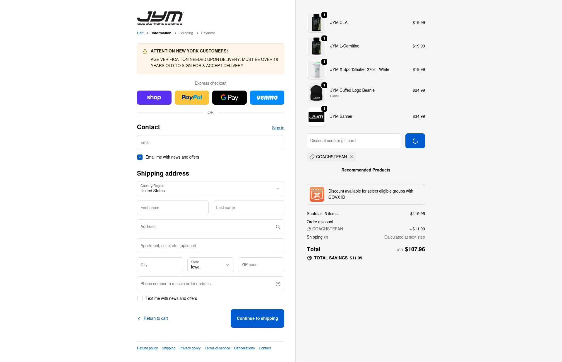 JYM Supplement Science checkout page showing JYM Supplement Science discount code box | Screenshot taken by SimplyCodes community member on Jan 8, 2026