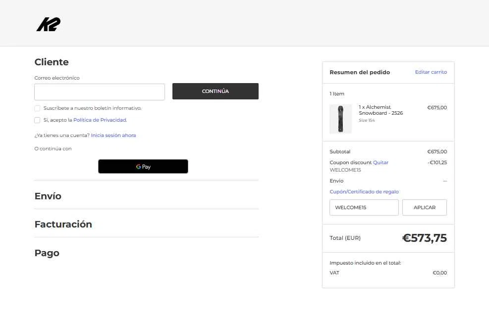 K2 Snow checkout page showing K2 Snow coupon code box | Screenshot taken by SimplyCodes community member on Dec 28, 2025