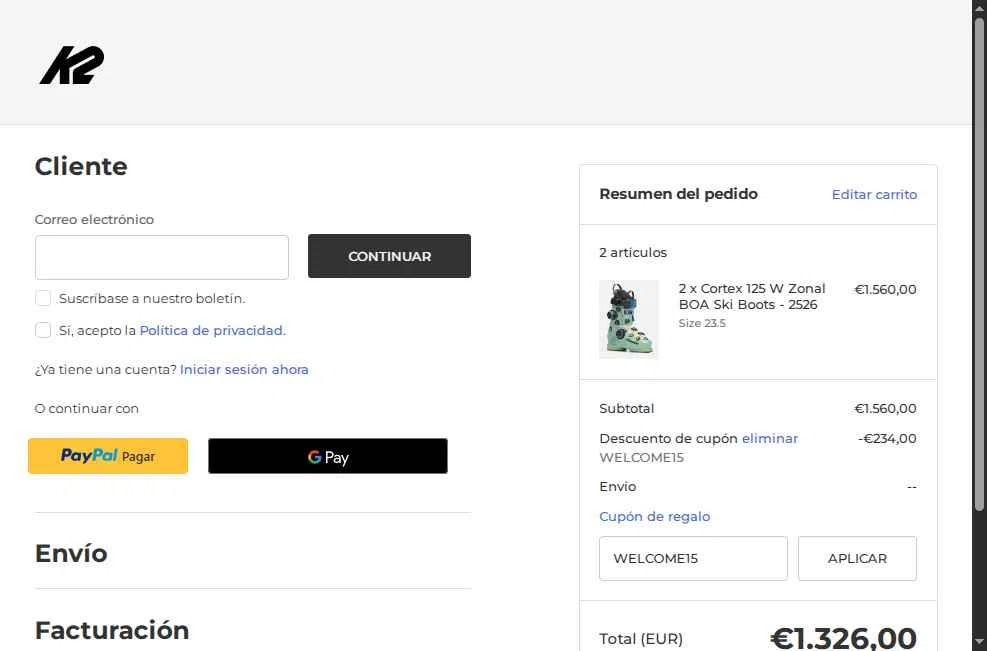 K2 Snow checkout page showing K2 Snow coupon code box | Screenshot taken by SimplyCodes community member on Sep 16, 2025