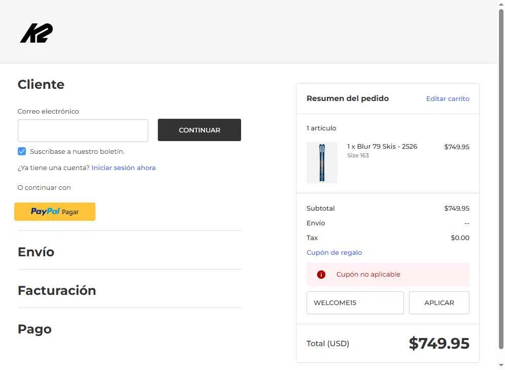 K2 Snow checkout page showing K2 Snow coupon code box | Screenshot taken by SimplyCodes community member on Sep 17, 2025