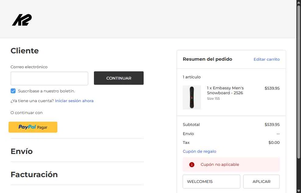 K2 Snow checkout page showing K2 Snow coupon code box | Screenshot taken by SimplyCodes community member on Sep 16, 2025