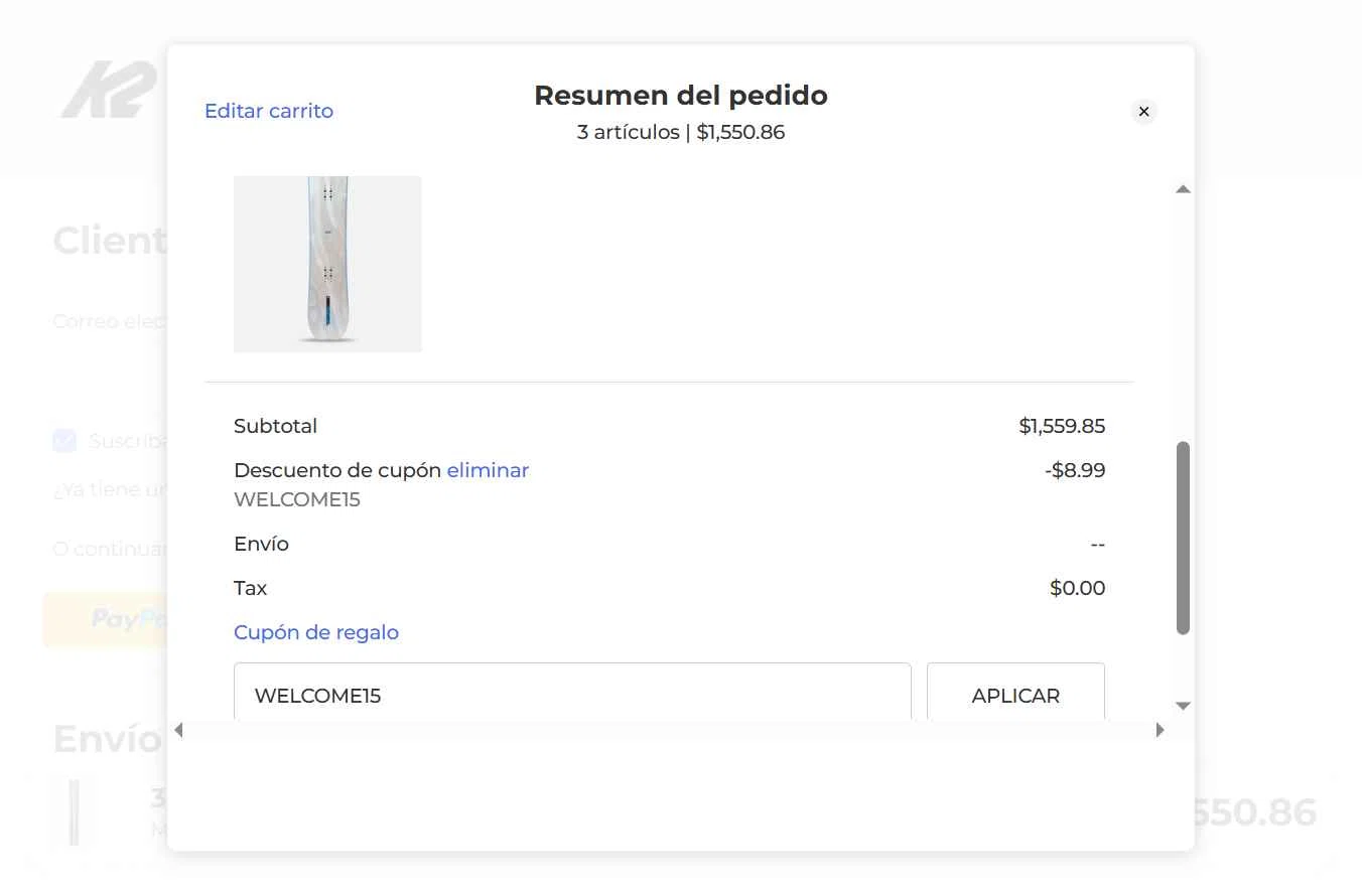 K2 Snow checkout page showing K2 Snow coupon code box | Screenshot taken by SimplyCodes community member on Aug 18, 2025