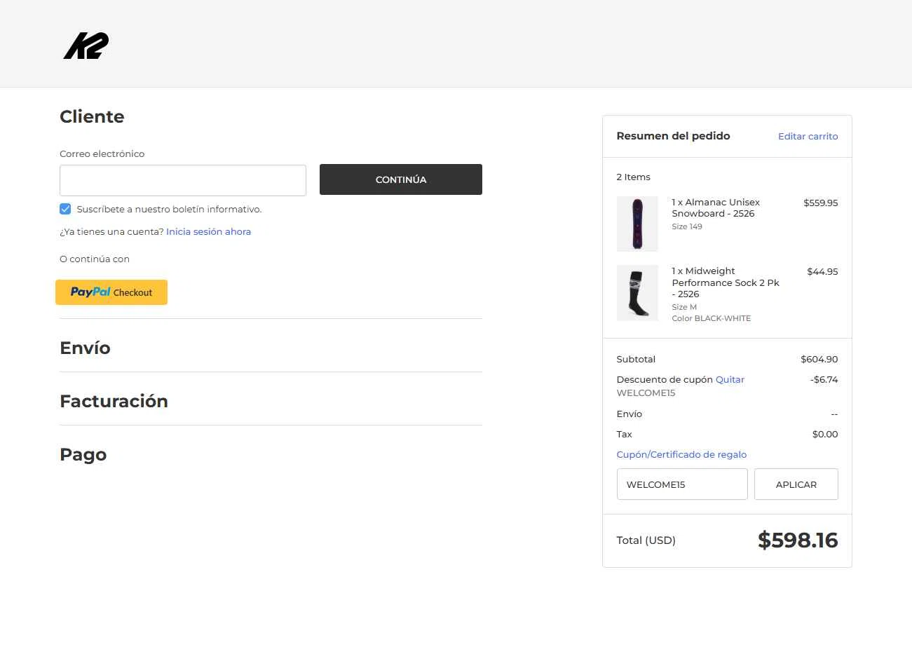 K2 Snow checkout page showing K2 Snow coupon code box | Screenshot taken by SimplyCodes community member on Sep 25, 2025