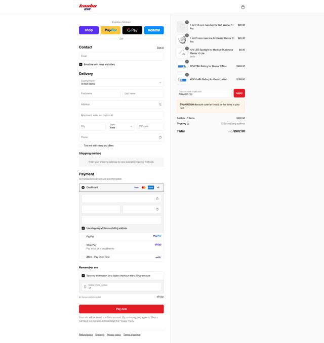 Kaabo USA checkout page showing Kaabo USA discount code box | Screenshot taken by SimplyCodes community member on Sep 15, 2025