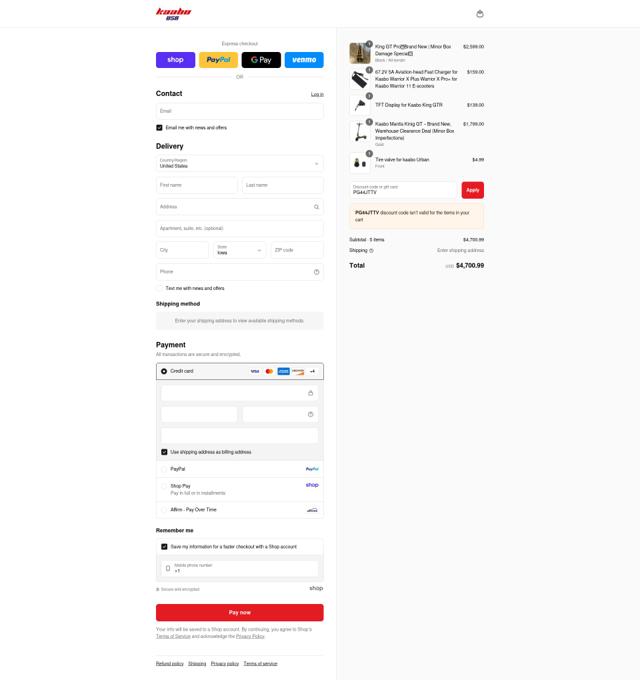 Kaabo USA checkout page showing Kaabo USA discount code box | Screenshot taken by SimplyCodes community member on Sep 6, 2025