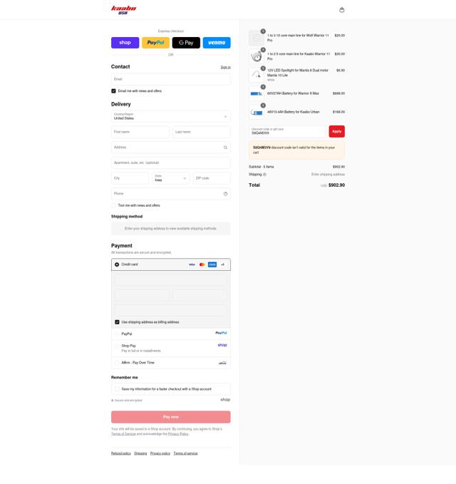 Kaabo USA checkout page showing Kaabo USA discount code box | Screenshot taken by SimplyCodes community member on Sep 10, 2025