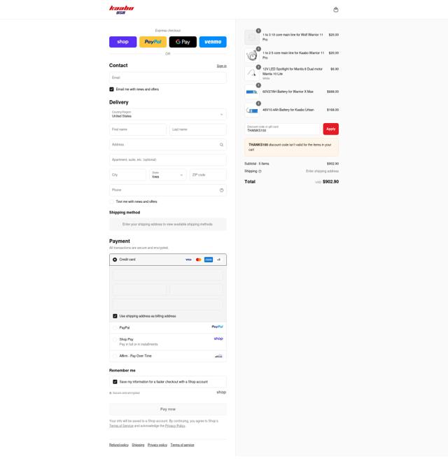 Kaabo USA checkout page showing Kaabo USA discount code box | Screenshot taken by SimplyCodes community member on Sep 10, 2025