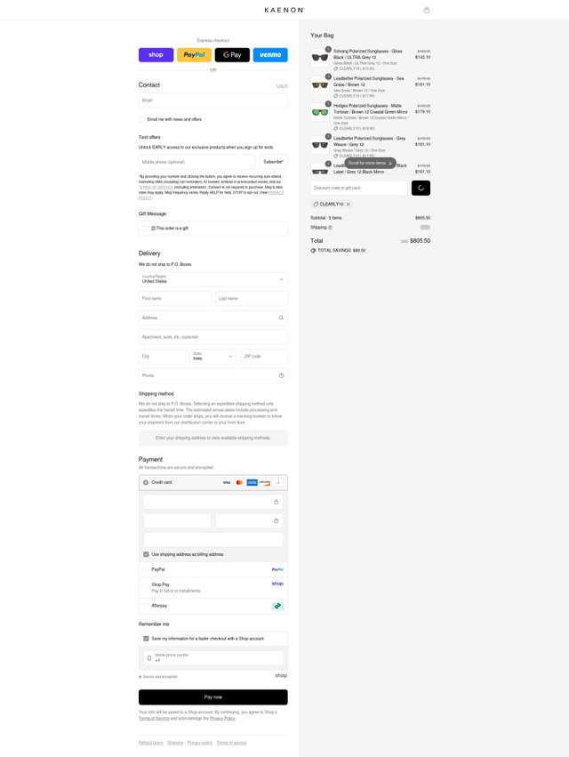 Kaenon checkout page showing Kaenon discount code box | Screenshot taken by SimplyCodes community member on Sep 2, 2025