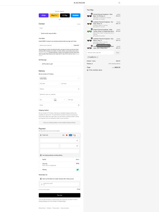 Kaenon checkout page showing Kaenon discount code box | Screenshot taken by SimplyCodes community member on Aug 29, 2025