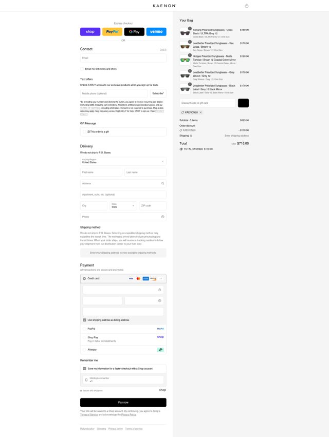 Kaenon checkout page showing Kaenon discount code box | Screenshot taken by SimplyCodes community member on Sep 2, 2025