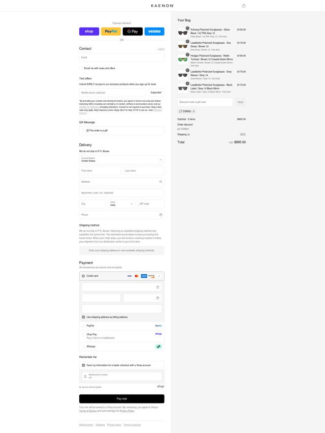 Kaenon checkout page showing Kaenon discount code box | Screenshot taken by SimplyCodes community member on Aug 29, 2025