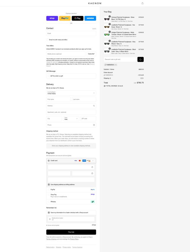 Kaenon checkout page showing Kaenon discount code box | Screenshot taken by SimplyCodes community member on Aug 29, 2025