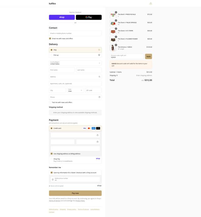 Kaftko checkout page showing Kaftko promo code box | Screenshot taken by SimplyCodes community member on Sep 12, 2025