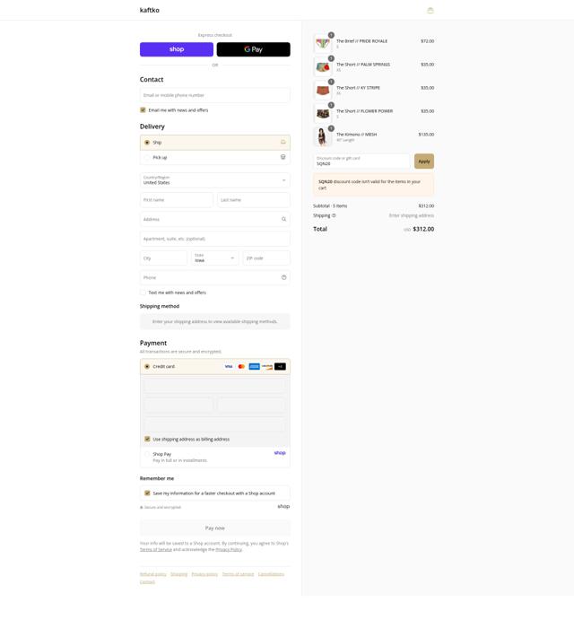 Kaftko checkout page showing Kaftko promo code box | Screenshot taken by SimplyCodes community member on Sep 4, 2025