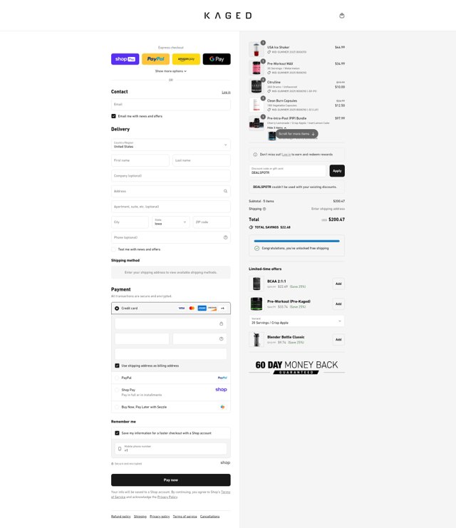 KAGED checkout page showing KAGED discount code box | Screenshot taken by SimplyCodes community member on Aug 15, 2025