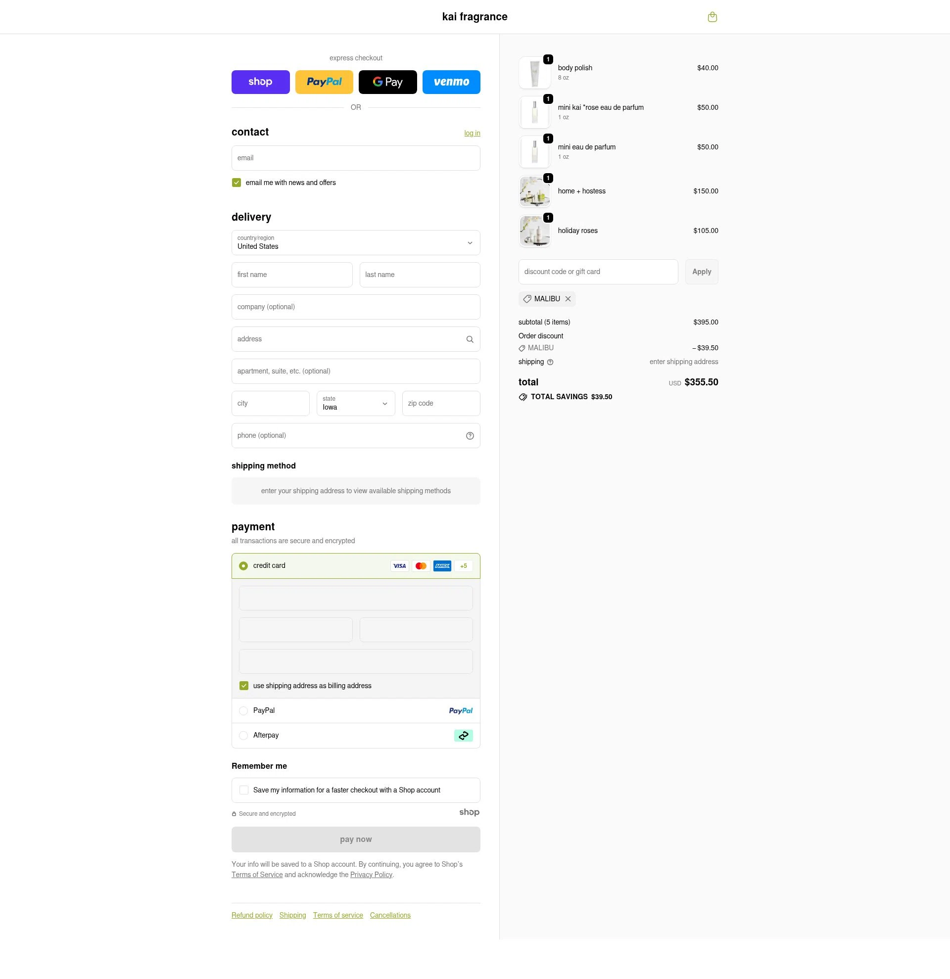 Kai Fragrance checkout page showing Kai Fragrance discount code box | Screenshot taken by SimplyCodes community member on Nov 22, 2025