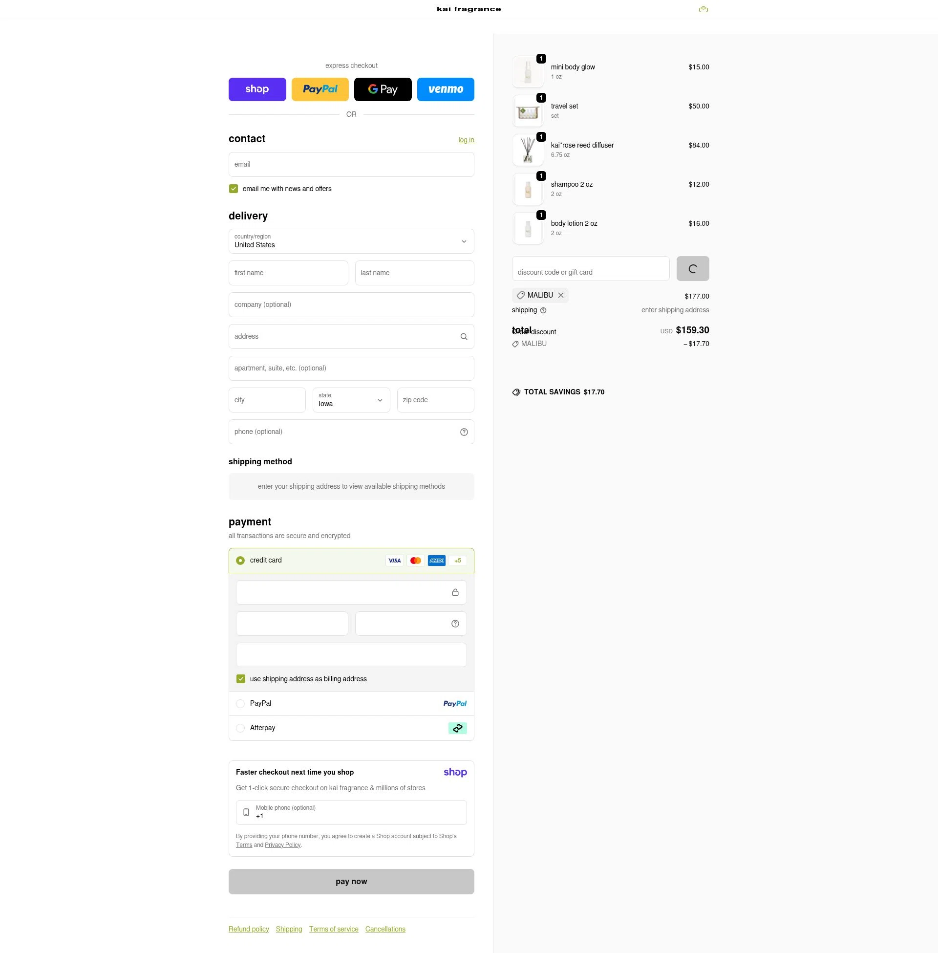 Kai Fragrance checkout page showing Kai Fragrance discount code box | Screenshot taken by SimplyCodes community member on Jan 10, 2026