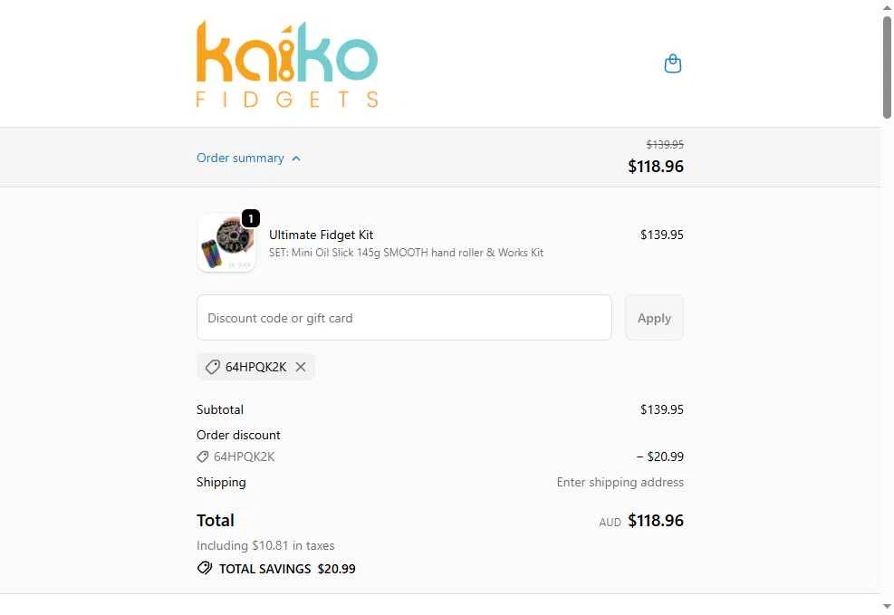 Kaiko Fidgets checkout page showing Kaiko Fidgets discount code box | Screenshot taken by SimplyCodes community member on Feb 2, 2026