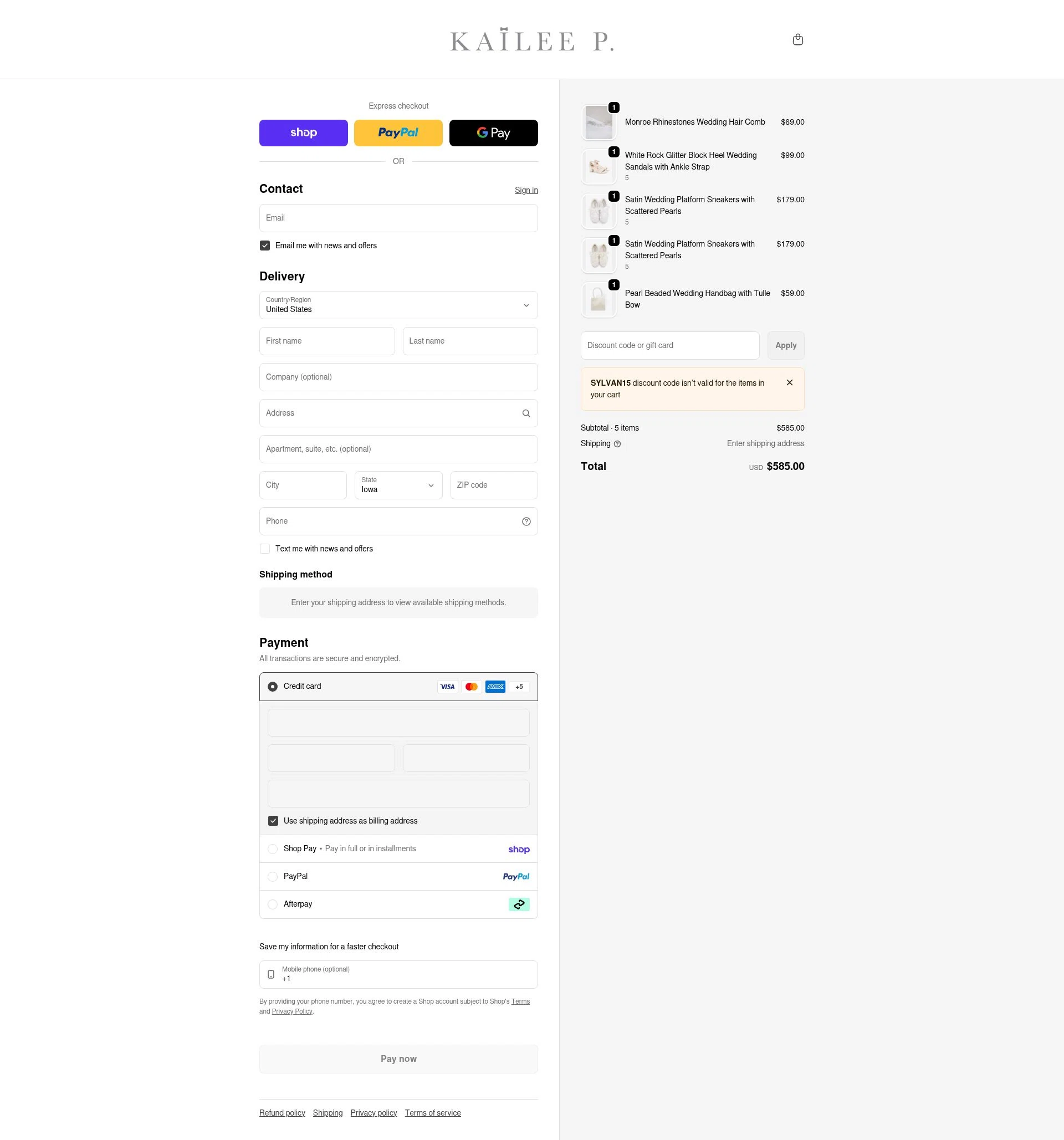 Kailee P checkout page showing Kailee P discount code box | Screenshot taken by SimplyCodes community member on Feb 19, 2026